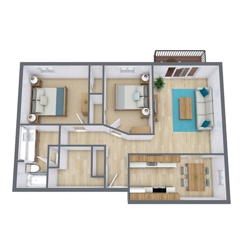 Floor plan for 2 beds, 1 bath, 975 sqft